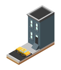 Yellow cab banner isometric. Online navigation application order taxi service. Isometry car building, isometric route banner.3D taxi classic vehicle itinerary road. Get a taxi online phone application