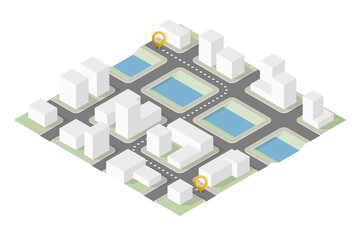 Isometric city map navigation, point markers background, flat isometry drawing schema, 3D simple city plan GPS navigation, final destination arrow paper city map. Route delivery check point graphic