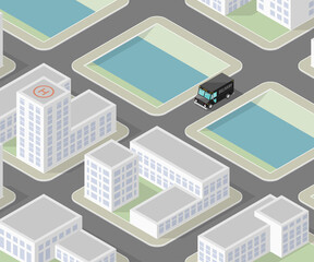 Isometric 3d city delivery van. Cargo truck transportation route, Fast delivery logistic 3d carrier transport, Flat isometry city freight car infographic. Low poly style isometry vehicle truck town