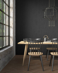 Loft style dining room with black chairs, wooden table in front of an old black wall, minimal interior scene with empty wall