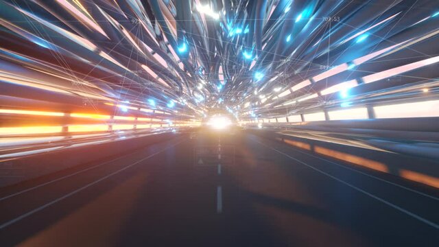 Flying in a futuristic fiber optic tunnel with a road. Future technologies concept. Business background. Pleasant natural lighting. Technological connections. Seamless loop 3d render