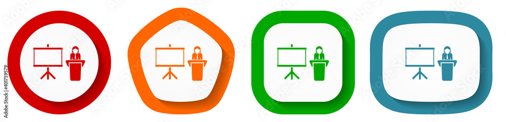 Poster seminar and training vector icons, set of pentagon, square, oval and circle shape buttons
