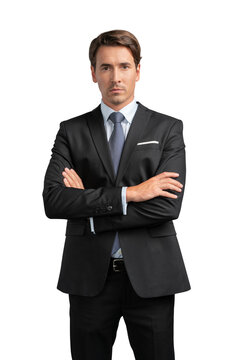 Businessman in black suit standing on isolated over white background. Young businessman arms crossed, looking at the camera, confident look