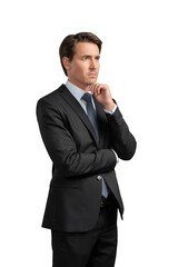 Businessman in black suit standing on isolated over white background. Young businessman arms crossed, hand to chin, looking away, serious confident look