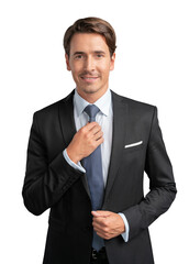Businessman smiling in black suit standing on isolated over white background. Young happy businessman straighten a tie, looking at the camera