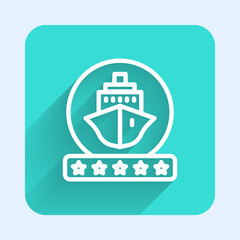 Naklejka premium White line Cruise ship icon isolated with long shadow. Travel tourism nautical transport. Voyage passenger ship, cruise liner. Worldwide cruise. Green square button. Vector.
