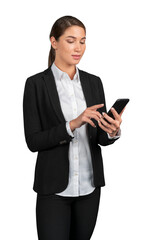 Businesswoman in black suit standing using the phone, isolated over white background. Young female office manager looking at the phone