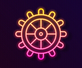 Glowing neon line Ship steering wheel icon isolated on black background. Vector.