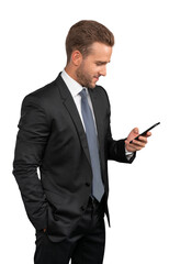 Businessman in black suit, white shirt and tie standing with phone in hand, isolated over white background. Caucasian manager smiling, hand in pocket