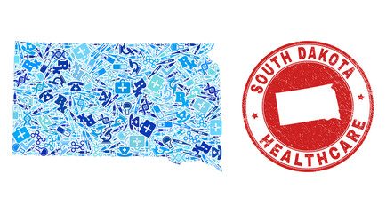 Vector collage South Dakota State map with medical icons, medicine symbols, and grunge doctor imprint. Red round seal with grunge rubber texture and South Dakota State map word and map.