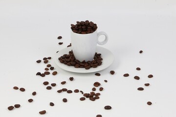 small coffee cup on a saucer filled with roasted coffee beans in a white studio