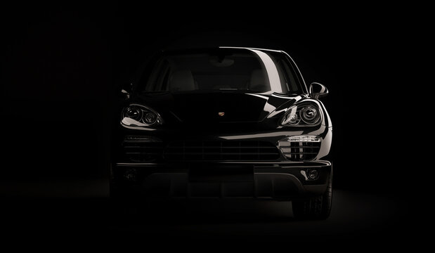Almaty, Kazakhstan. Juli 28, 2019: Porsche cayenne 958. luxury stylish car on dark, black background. 3D render
