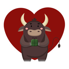 Fototapeta na wymiar Vector image of an enamored bull on a background of a heart holding a gift. Mockup for a postcard.