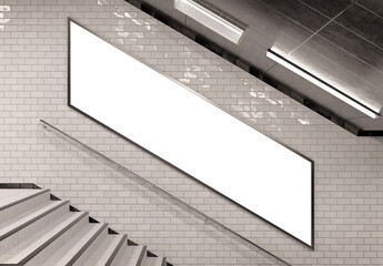 Parisian style billboard on underground stairs wall Mockup. Panoramic hoarding advertising in white tiles tunnel interior. 3D rendering - obrazy, fototapety, plakaty