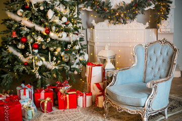Stylish christmas living room interior with blu sofa, white chimney, christmas tree and wreath, stars, gifts and decoration. Family time. Template.