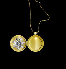 black background and jewel pendant medallion star with golden chain