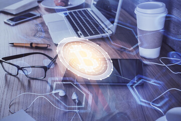 Double exposure of blockchain theme drawing and cell phone background. Concept of cryptomarket