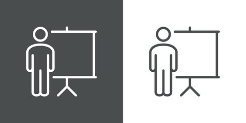 Presentación de negocios. Formación. Icono plano hombre con pizarron con lineas en fondo gris y fondo blanco © teracreonte
