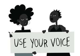 Young Black Character with Poster. Cartoon Style People and Black Lives Matter Protest Board. Isolated Person and Banner. Flat Illustration African American Face. Hand Drawn Vector Drawing