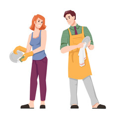 Couple wash and dry dishes, flat cartoon people. Vector man in apron and woman doing household chores together, husband and wife at housework, housekeeping and spending time together