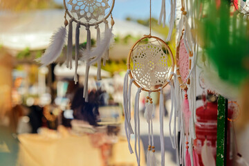 Handmade dreamcather with feathers and lace. © chok1234567