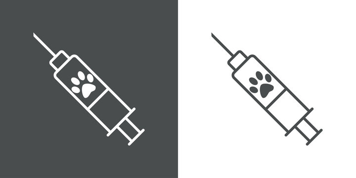 Vacuna. Asistencia sanitaria para mascotas. Logotipo zarpa de gato en jeringuilla con lineas en fondo gris y fondo blanco