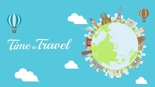 Travel, vacation, sightseeing animation banner (4K) . World heritage and world famous buildings.