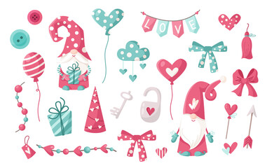 Valentine cartoon gnome clipart set - cute valentine day Gnomes or Dwarfs with balloons, hearts, cloud, bow and garland isolated on white, nursery kids characters, vector romantic holiday bundle
