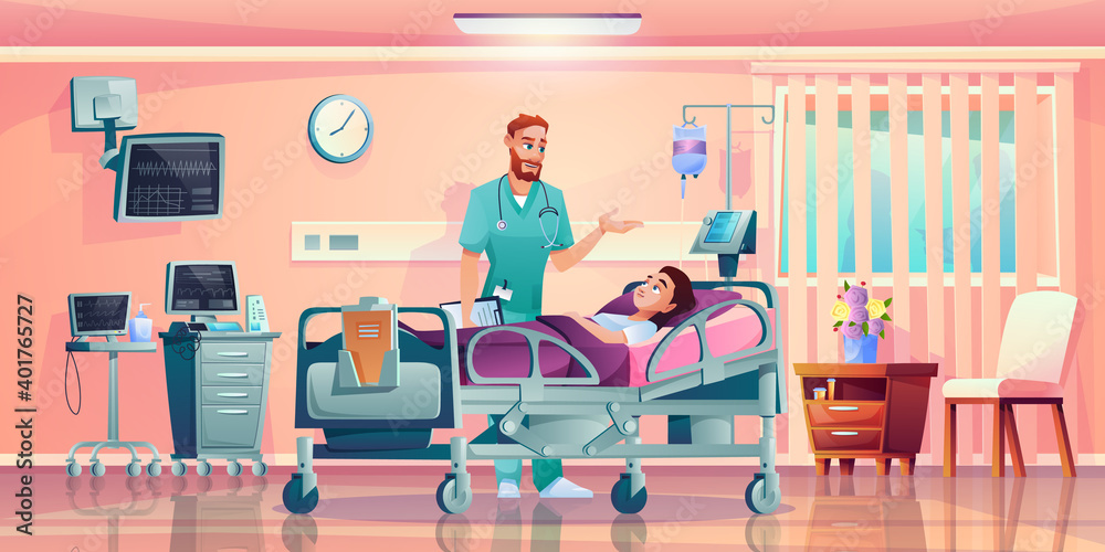 Wall mural doctor talking to patient in hospital bed with dropper, hospital operation ward cells. vector room i