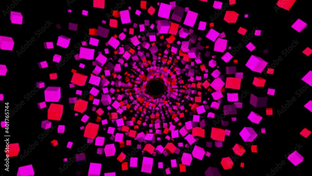Poster moving forward through an abstract psychedelic tunnel of separated blocks. animation. colorful 3d cu