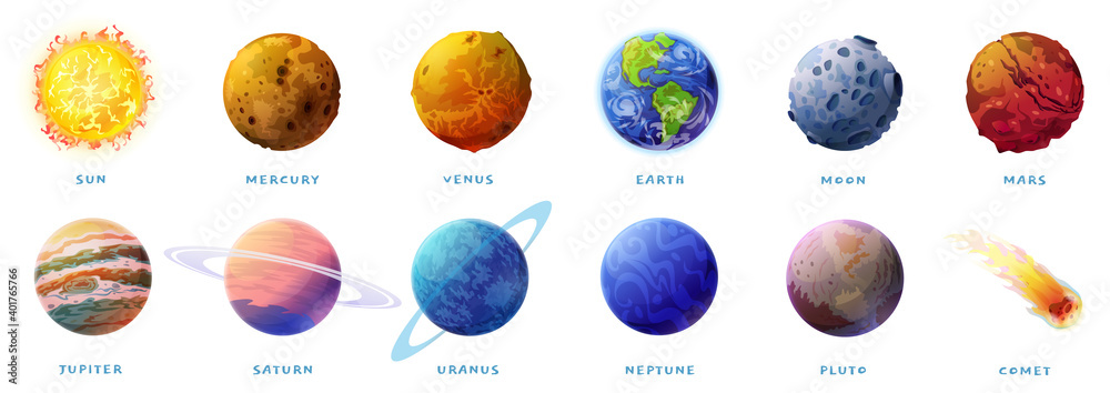 Poster planets of solar system and comet isolated cartoon set on white. vector inner, rocky mercury, venus 