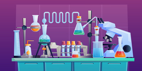 Conducting chemical test or experiment on indoor table, laboratory to conduct medical researchers with test tubes, beakers and pipeline. Vector cartoon pharmaceutical and medical glassware, microscope