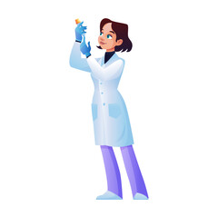 Female doctor nurse in gown, laboratory assistant holds and looks at test tube isolated woman. Vector lab worker, scientific researcher, chemist with research equipment, therapist young scientist