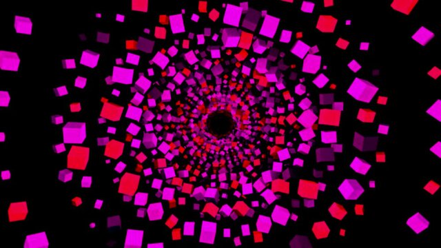 Moving forward through an abstract psychedelic tunnel of separated blocks. Animation. Colorful 3D cubes formed in a ring rotating in a seamless loop motion. 