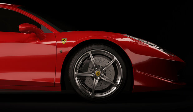 Almaty, Kazakhstan. Juli 25, 2019: Ferrari 458 Italia Pininfarina. luxury stylish supercar on dark background. 3D render