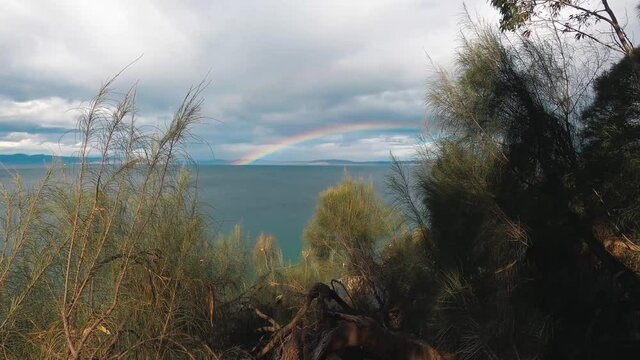 rainbow and stormy skies surroundd by a pristine wild landscape at Boronia Beach Track in Tasmania, Australia with lush vegetation