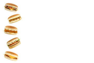 Five delicious burger with different fillings vertically.