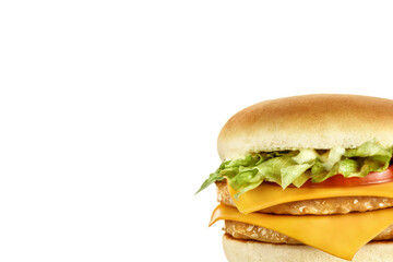 Double hamburger with meat cutlets, cheese, tomato, lettuce and sauce.
