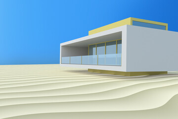Concept modern house glass and concrete in the sand 3D