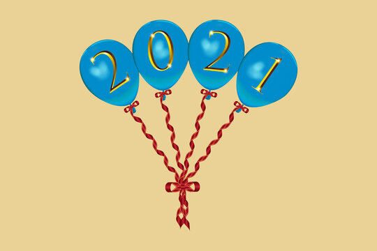 Vector Illustration Of Flying Ballons With 2021 Newyear Greetings With Red Ribbons.