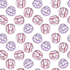 Cute pastel donuts seamless pattern. Sweet donuts pink and purple topping creme on white background. Design for wrapping paper, greeting cards, textile, cafe decor, menu, party invitations.