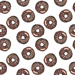 Chocolate donuts seamless pattern. Sweet donuts with chocolate flavour on white background. Design for wrapping paper, greeting cards, textile, cafe decor, menu, party invitations.
