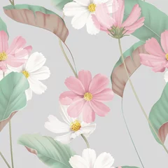 Gardinen Floral seamless pattern, white and pink cosmos flowers with green leaves on grey © momosama