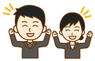 リクルートスーツ姿で両手を上げて喜ぶ男女ペアの上半身イラスト