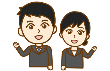 片手を上げて案内誘導するリクルートスーツ姿の男女の上半身イラスト