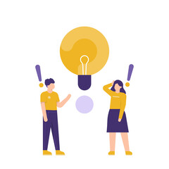 illustration of a team or group standing and discussing beside a question mark symbol or lamp. concept Frequently asked questions or FAQs, question marks around people, online support center