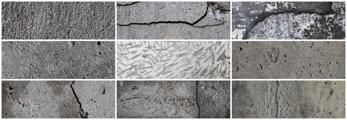 Texture set of old cracked concrete walls. Collection of panoramic backgrounds for design. Rough gray concrete surfaces.