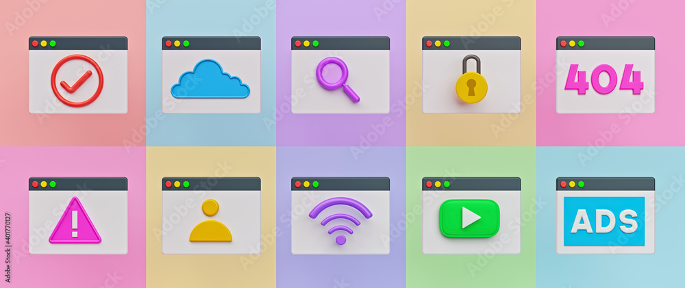 Wall mural web browser window 3d icons, symbols collection. minimal colorful graphic elements. 3d rendering