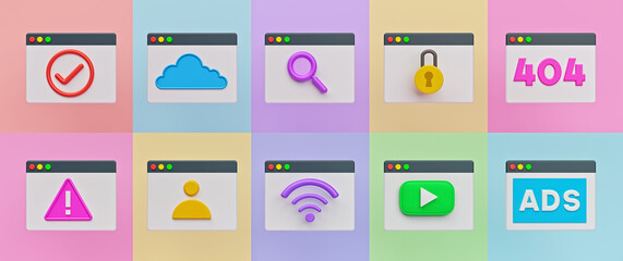 web Browser window 3d icons, symbols collection. minimal colorful graphic elements. 3d rendering