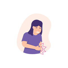 illustration of a pregnant woman grimacing in pain and holding her stomach due to abdominal pain or pain due to labor soon. suffering of pregnant women. flat style. design elements